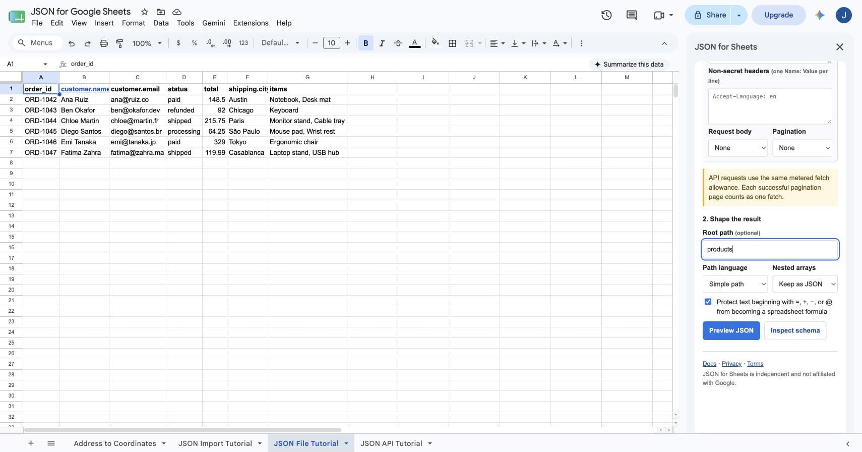 A live DummyJSON product request configured in JSON for Sheets with products as the root path