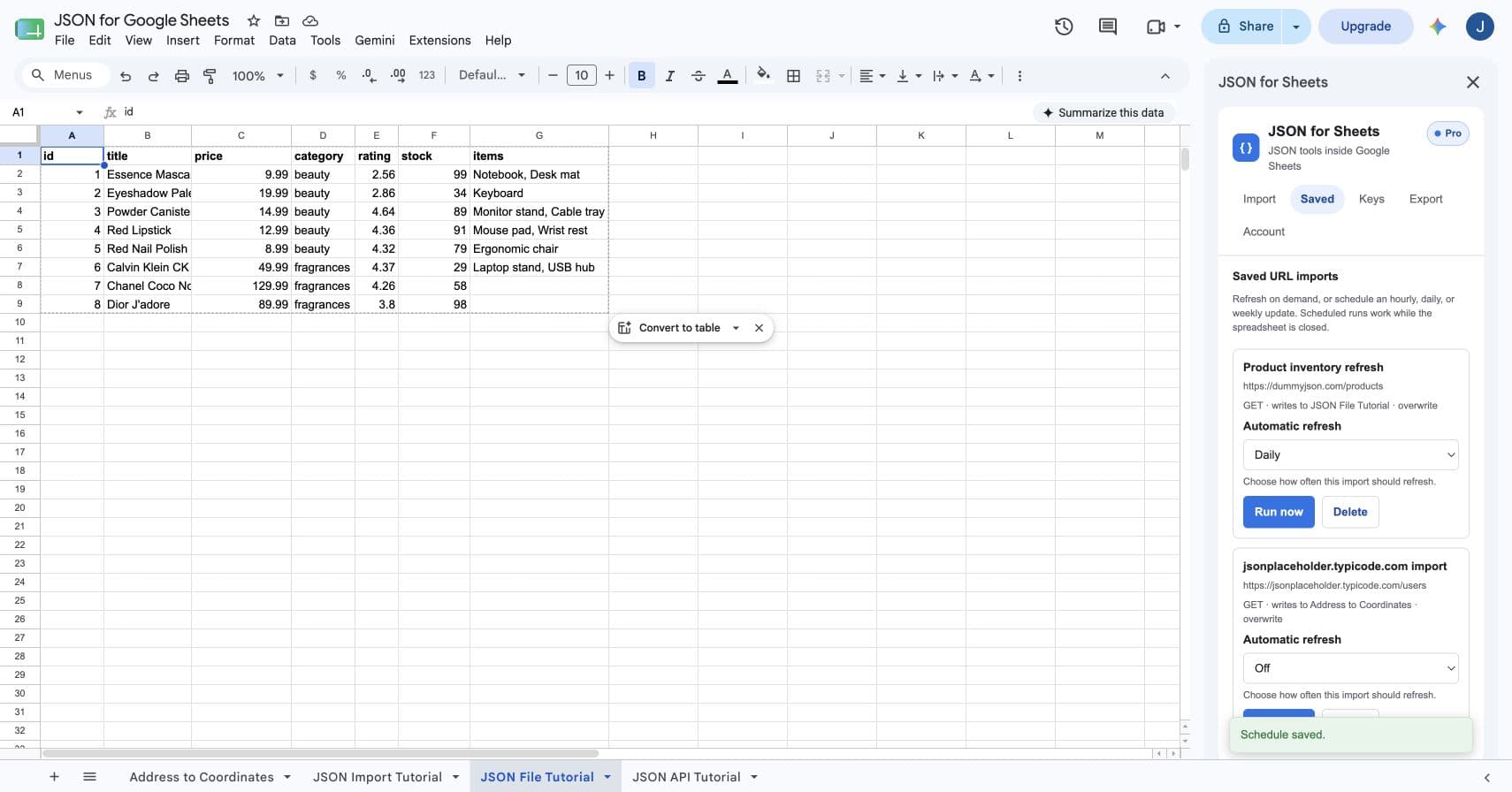 A daily JSON API refresh enabled in the JSON for Sheets sidebar