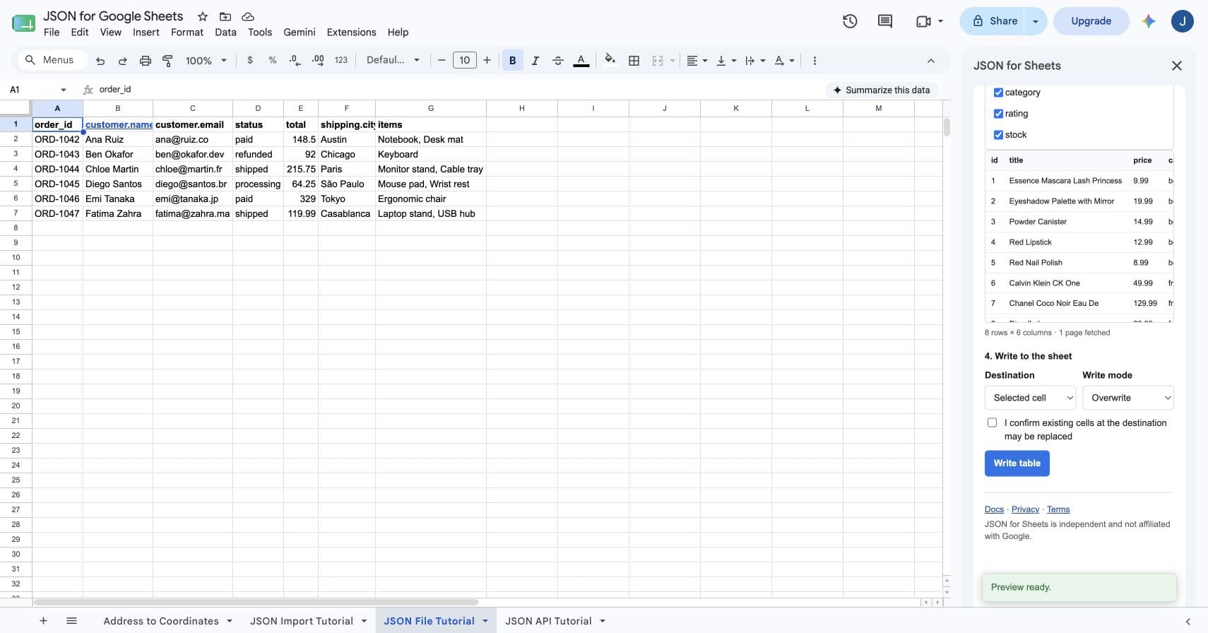 Eight product rows previewed in JSON for Sheets with the overwrite destination controls visible