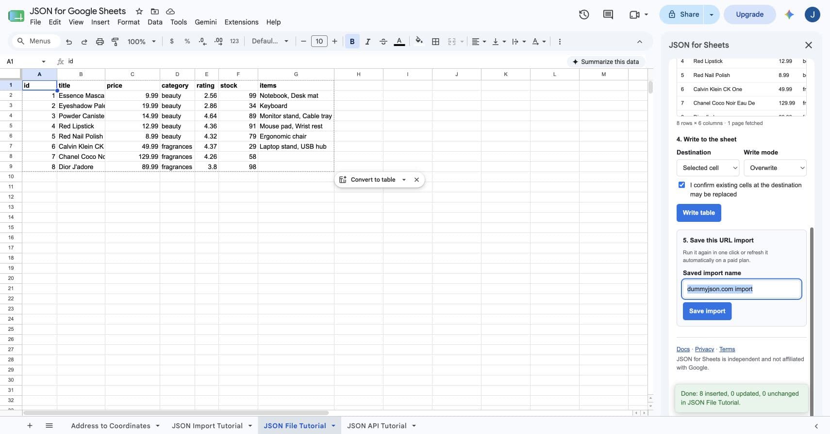 A successful JSON API table with the Save this URL import form open