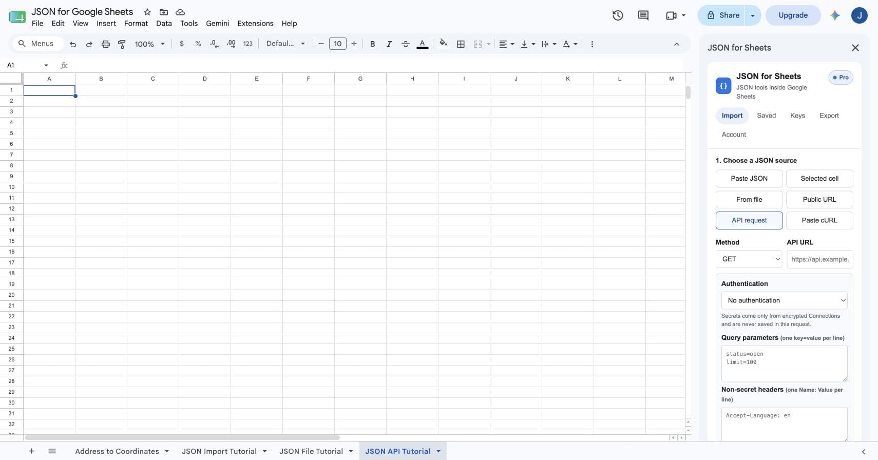 JSON for Sheets API request builder open in a blank Google Sheet