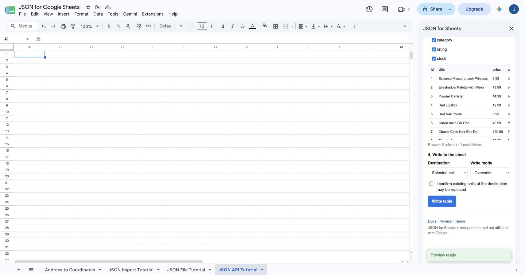 Preview of eight product records and six detected fields from a JSON API