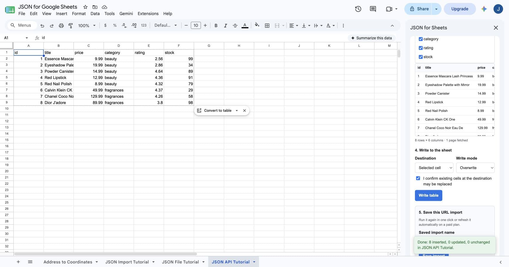 Successful API import with eight inserted product rows in Google Sheets