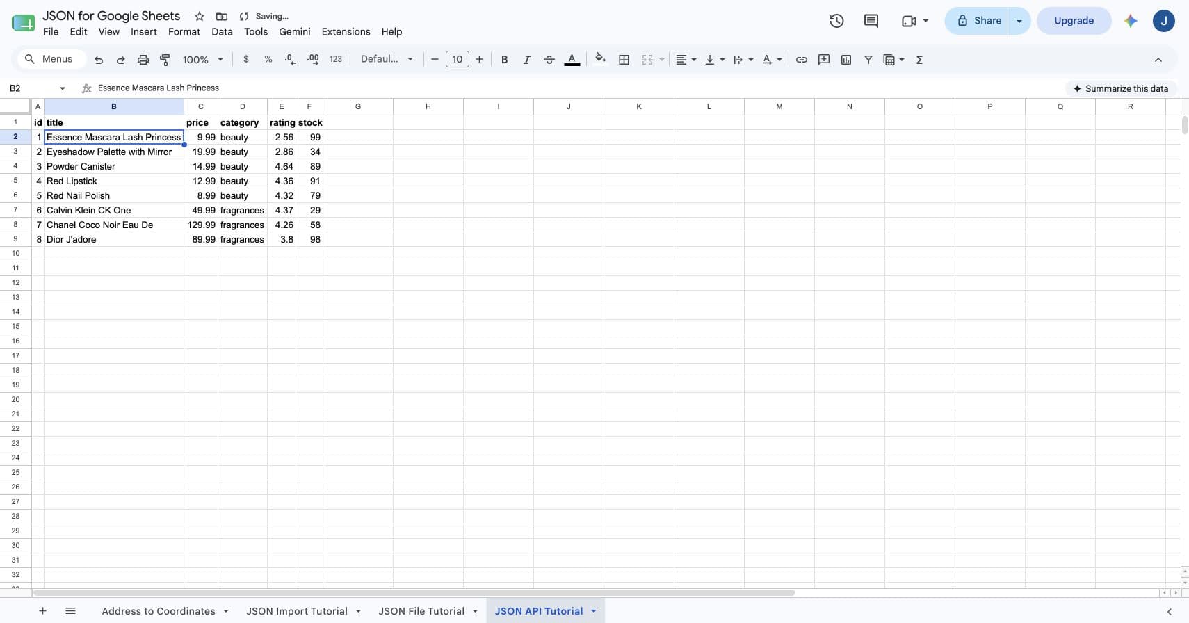 Finished six-column product table imported from a JSON API into Google Sheets