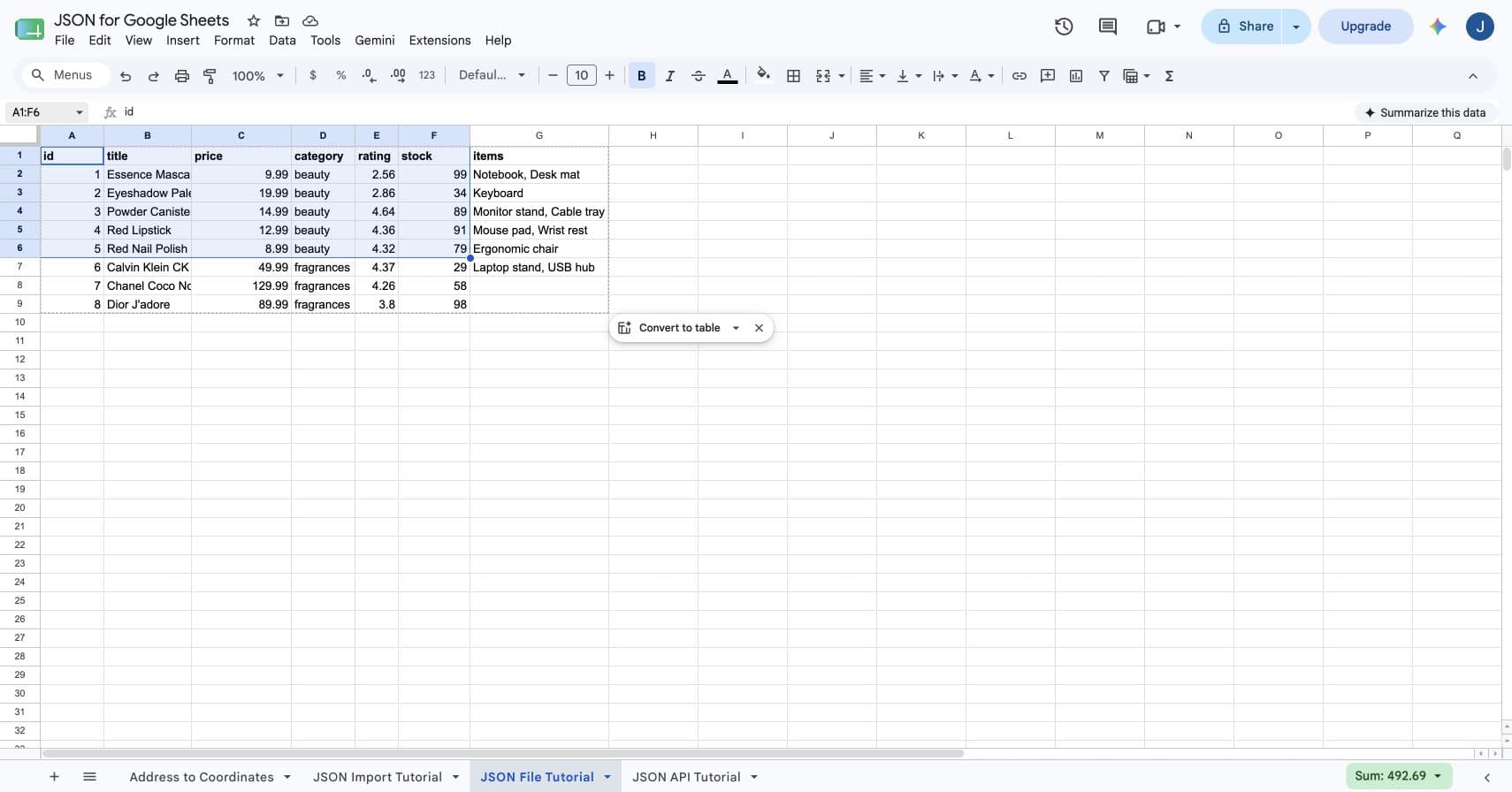 A1 through F6 selected in a Google Sheets product table before JSON export