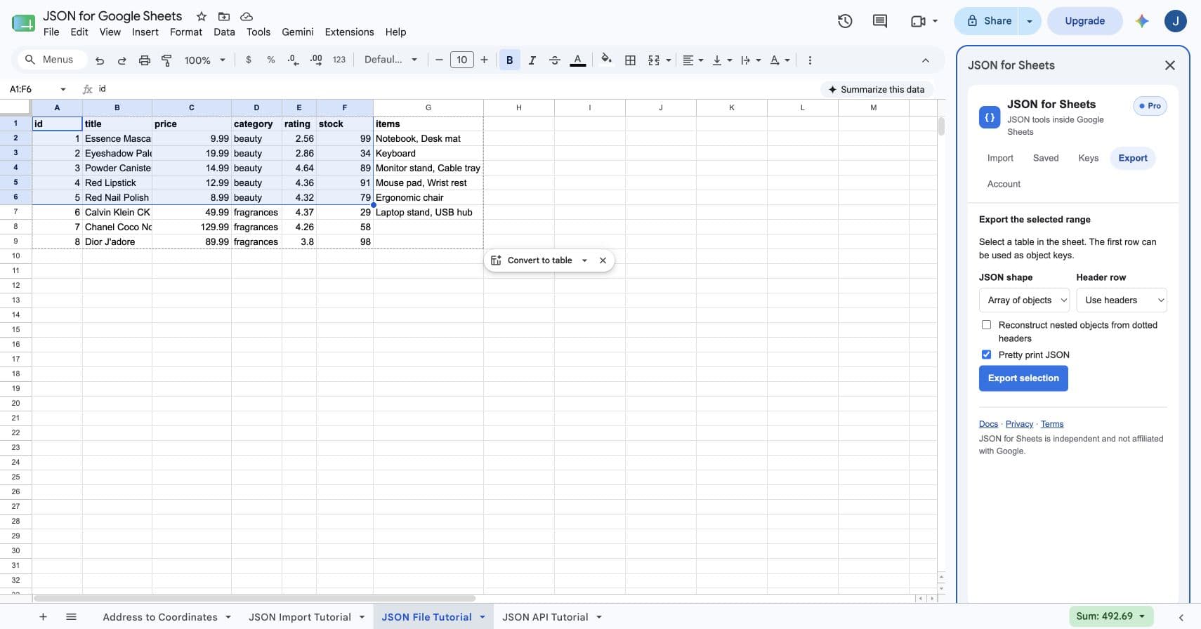 JSON for Sheets Export tab with Array of objects, Use headers, and Pretty print JSON selected
