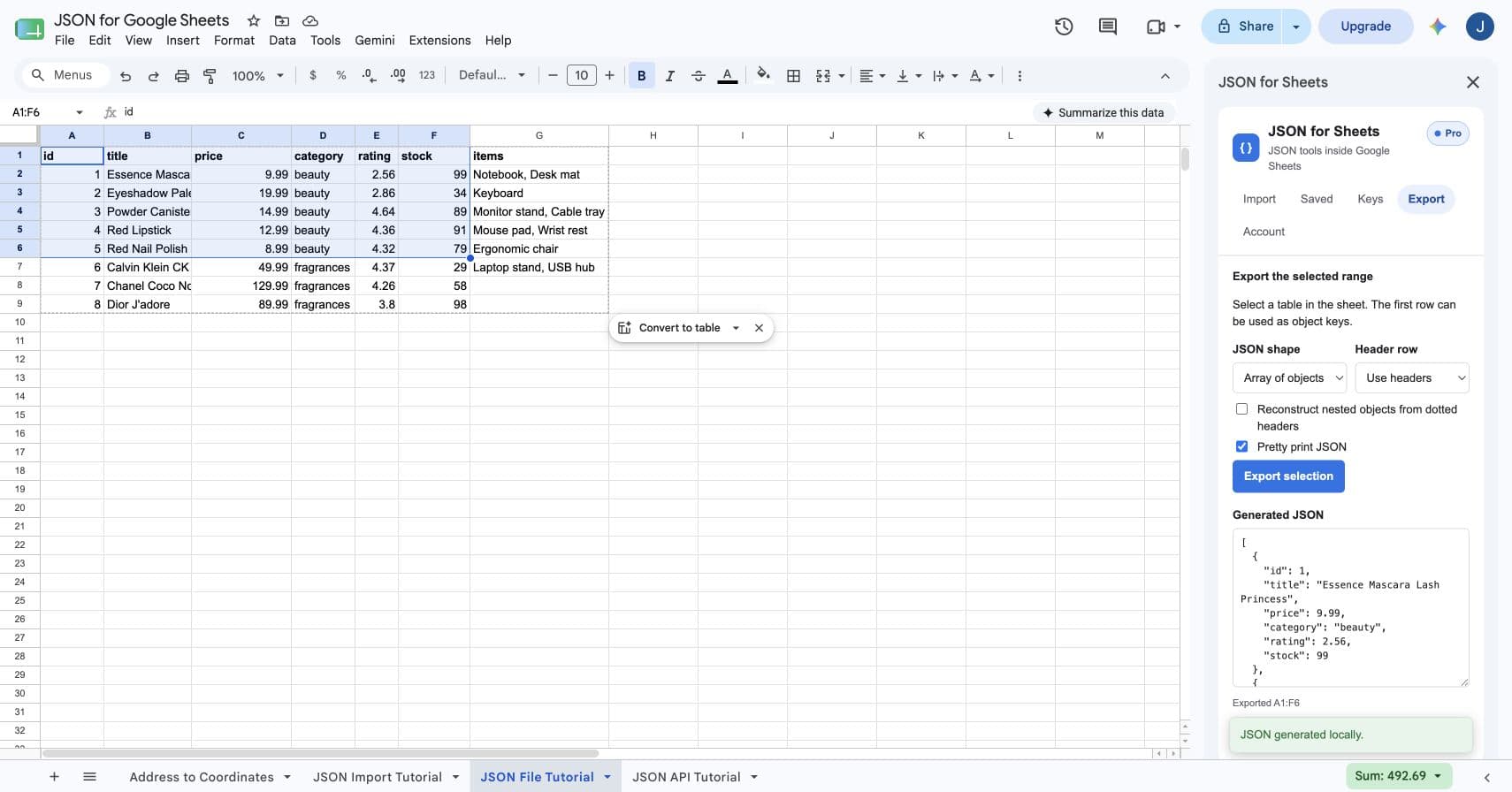 Generated JSON shown in the JSON for Sheets Export tab for the selected A1 to F6 range