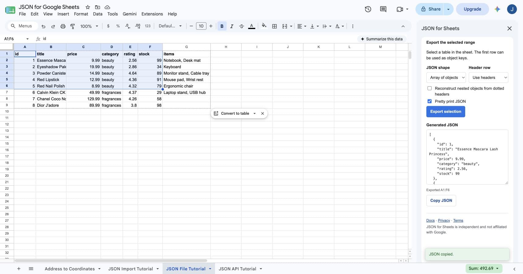 JSON copied confirmation in the JSON for Sheets export sidebar