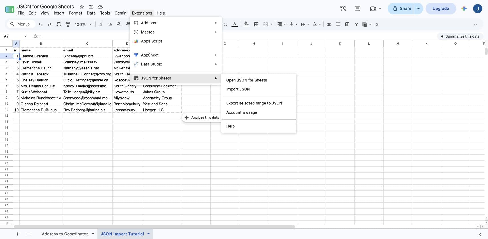 The Extensions menu in Google Sheets with JSON for Sheets available