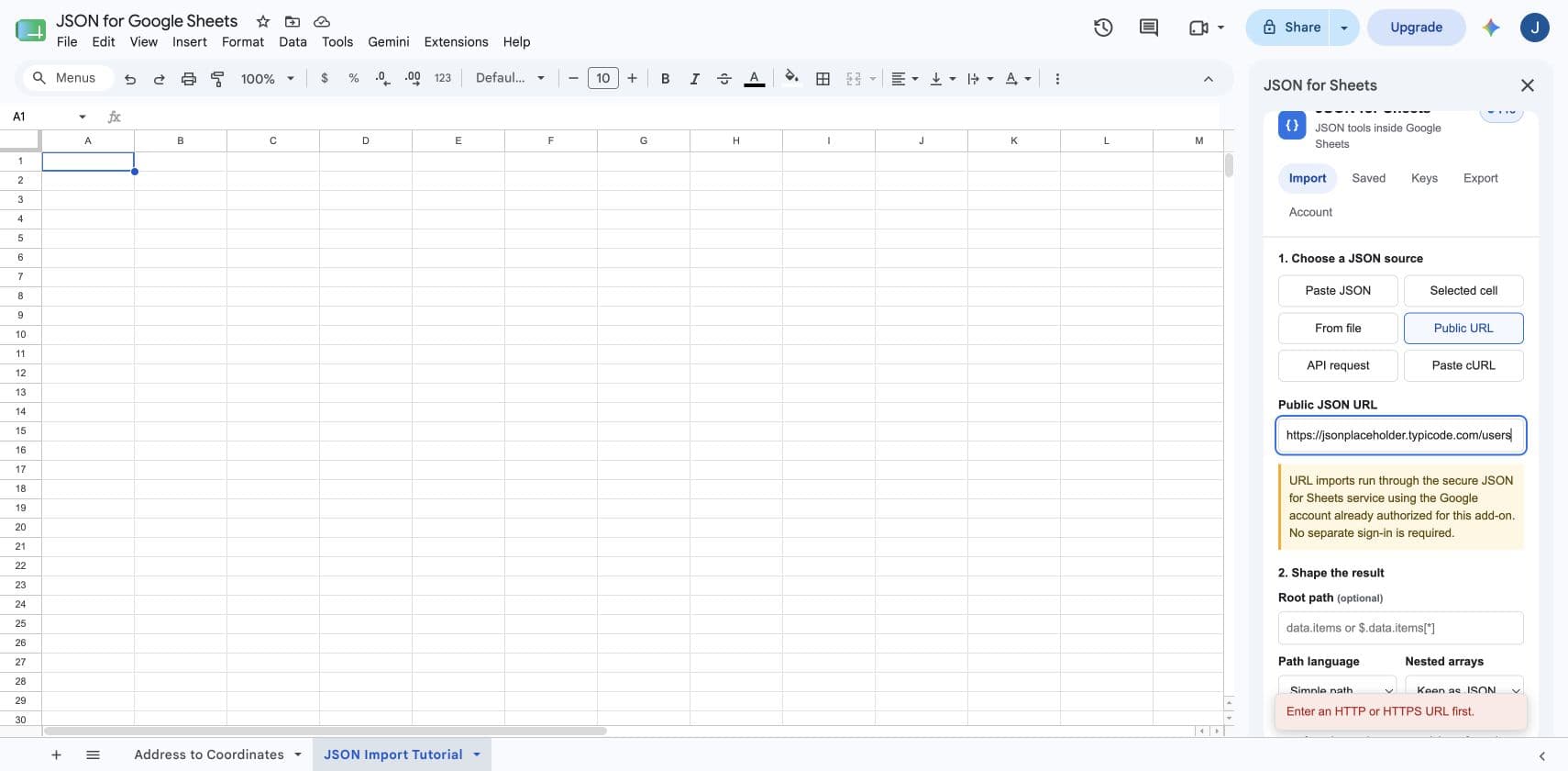 JSON for Sheets sidebar with Public URL selected and the JSONPlaceholder users endpoint entered