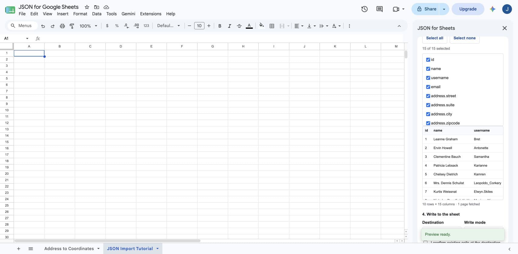 JSON for Sheets preview showing 15 detected fields and ten JSON rows