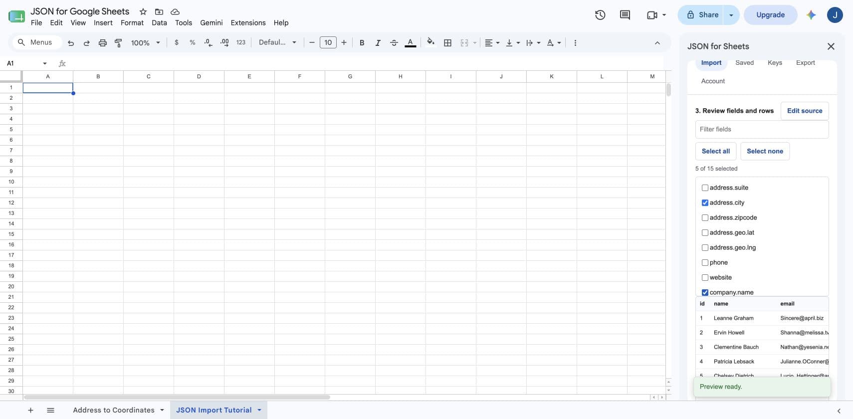Five of fifteen JSON fields selected, including nested address and company fields