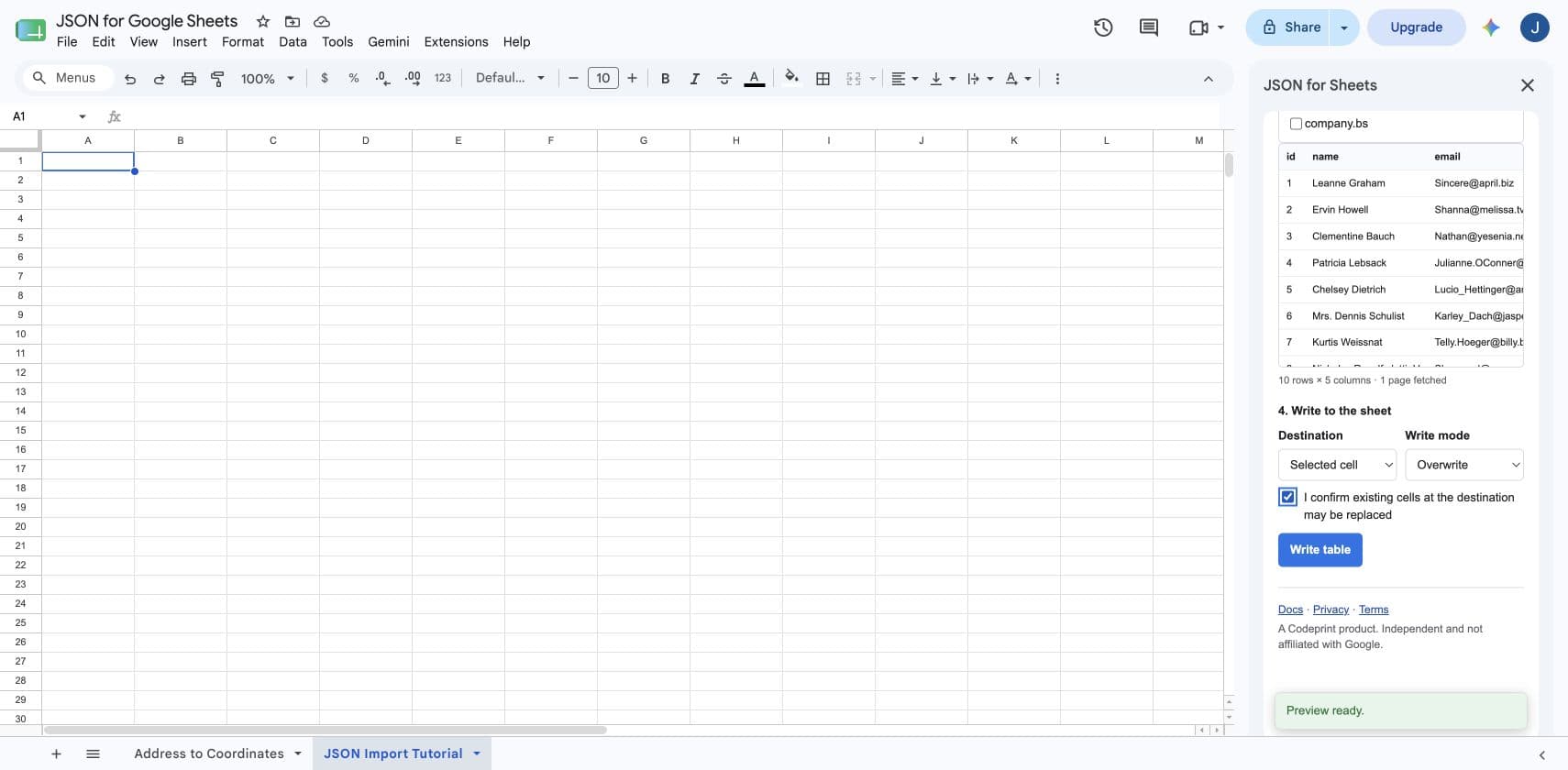 JSON for Sheets write controls with Selected cell, Overwrite, confirmation, and Write table