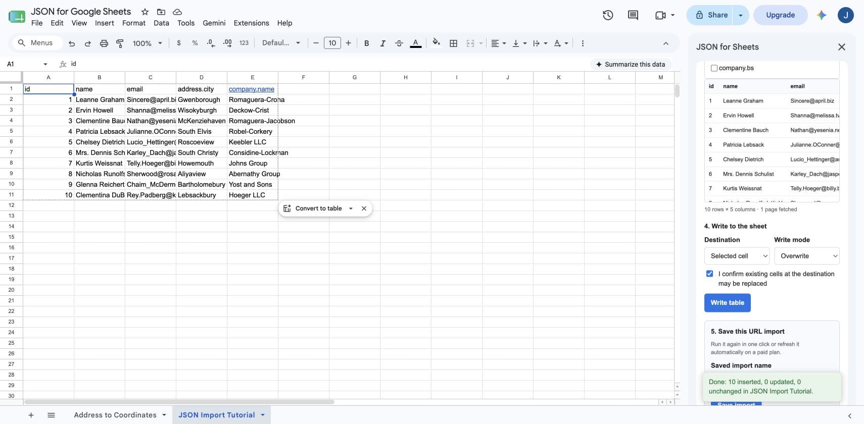Successful JSON import with ten inserted rows and the JSON table visible in Google Sheets