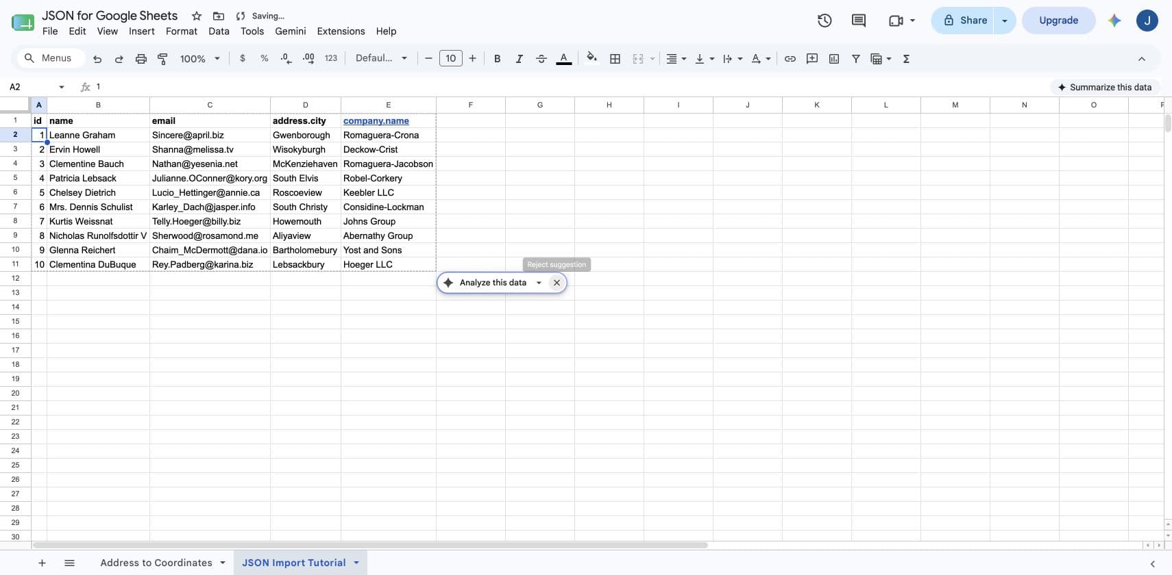 Final five-column Google Sheets table imported from a JSON API response
