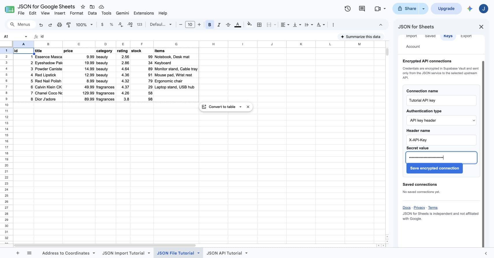 JSON for Sheets Keys tab configured for an X-API-Key header with the secret value masked