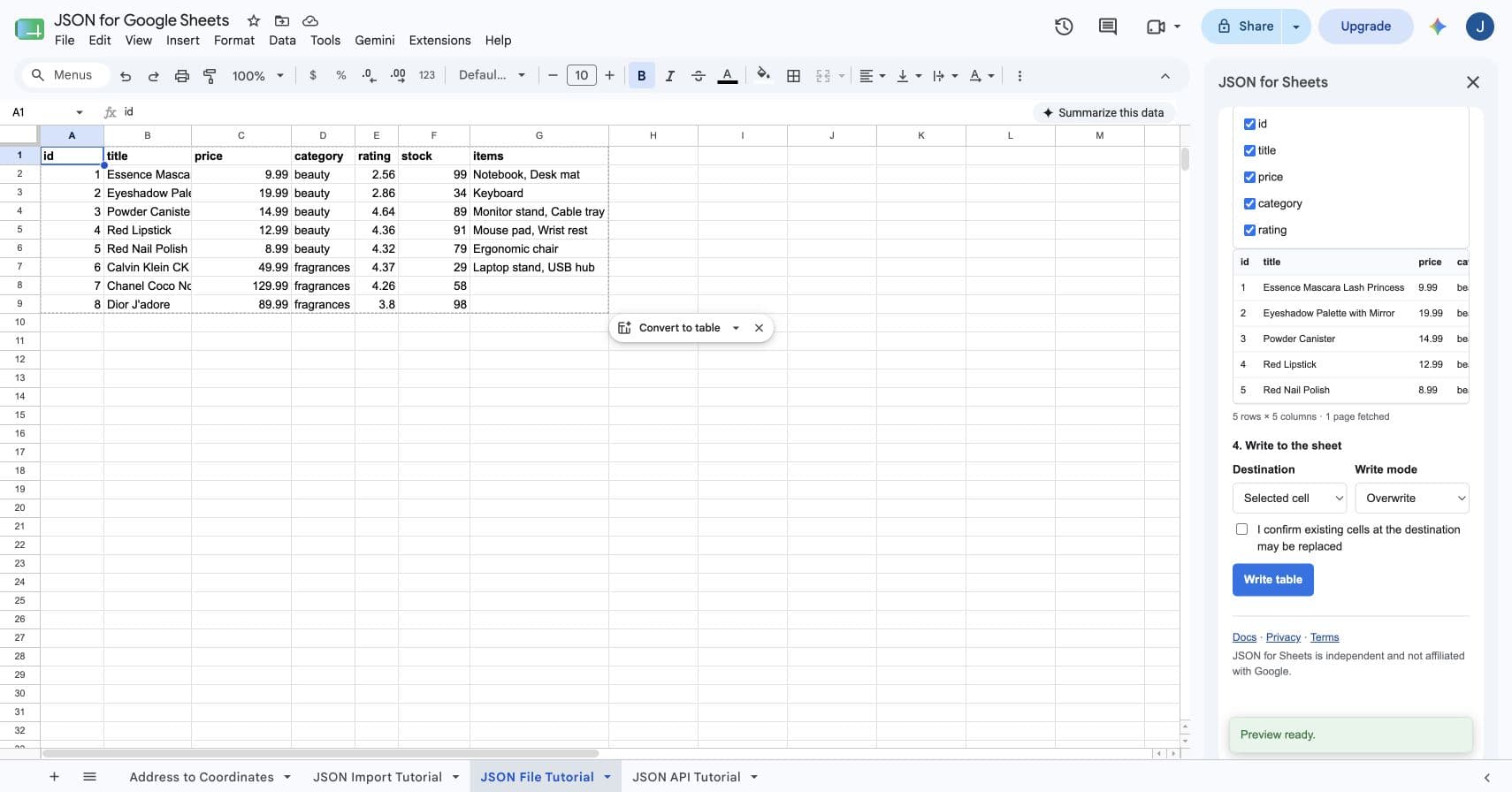 Five JSON product rows previewed after using a saved API key connection