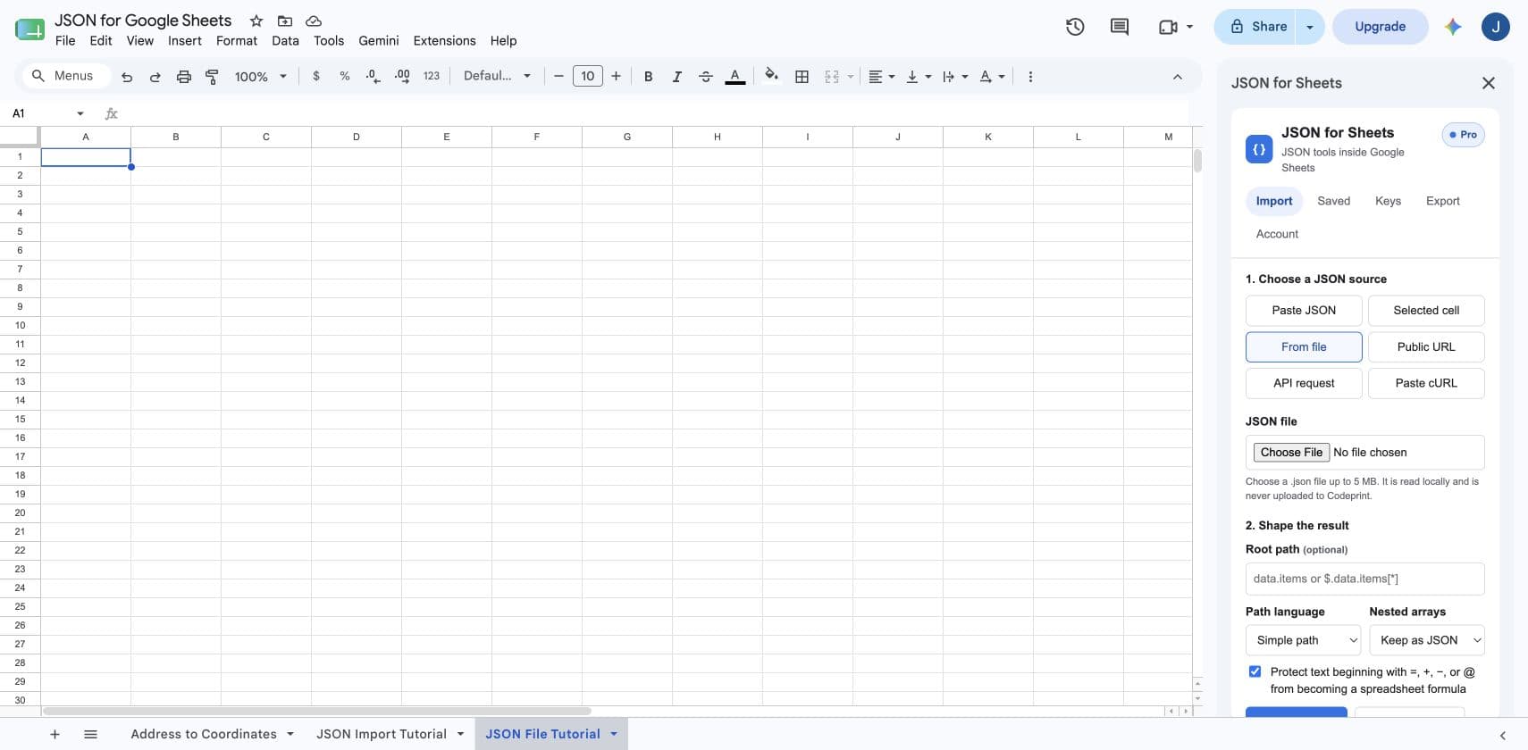 JSON for Sheets From file source with the Nested arrays selector visible