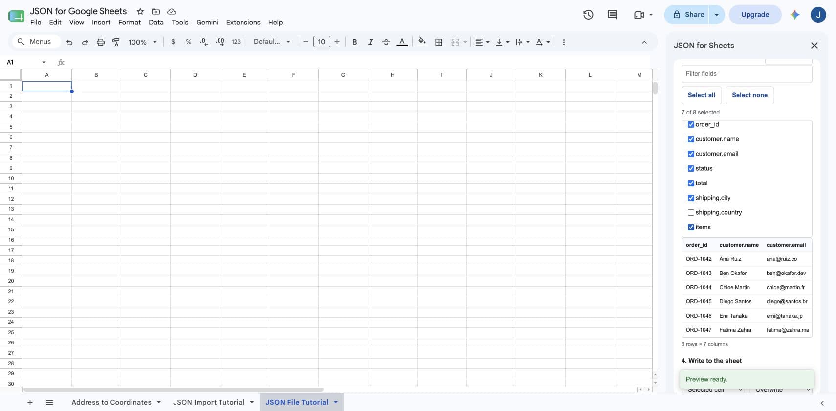 Nested JSON paths selected as output columns in JSON for Sheets