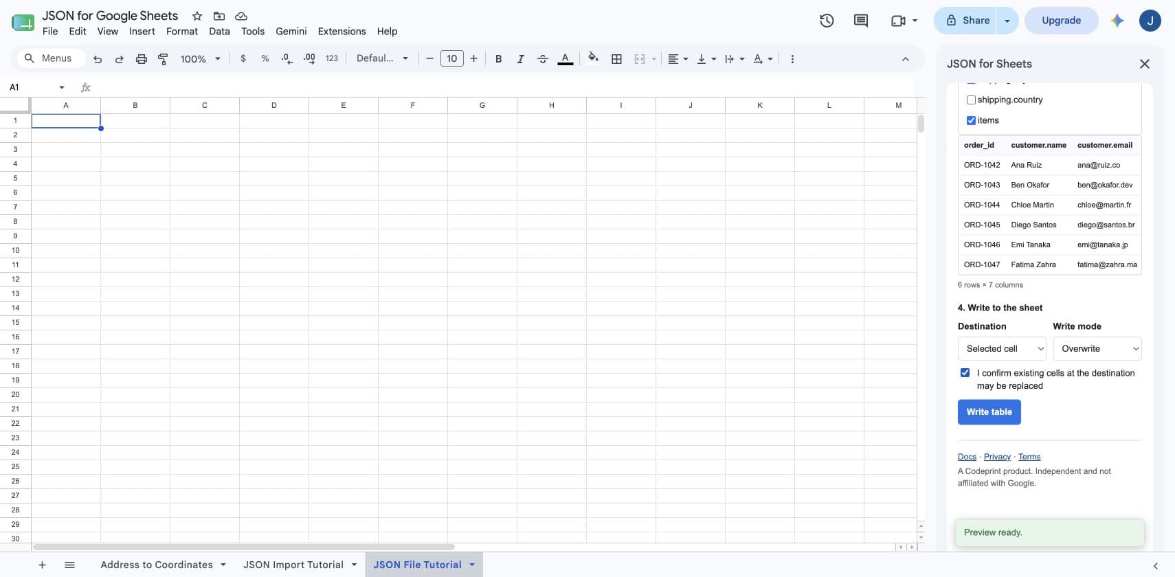 Local JSON table preview with destination, overwrite mode, confirmation, and Write table controls