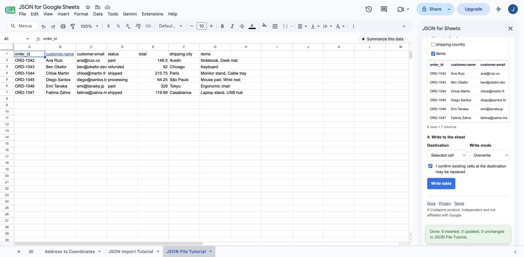 Successful local JSON import with six order rows written to Google Sheets